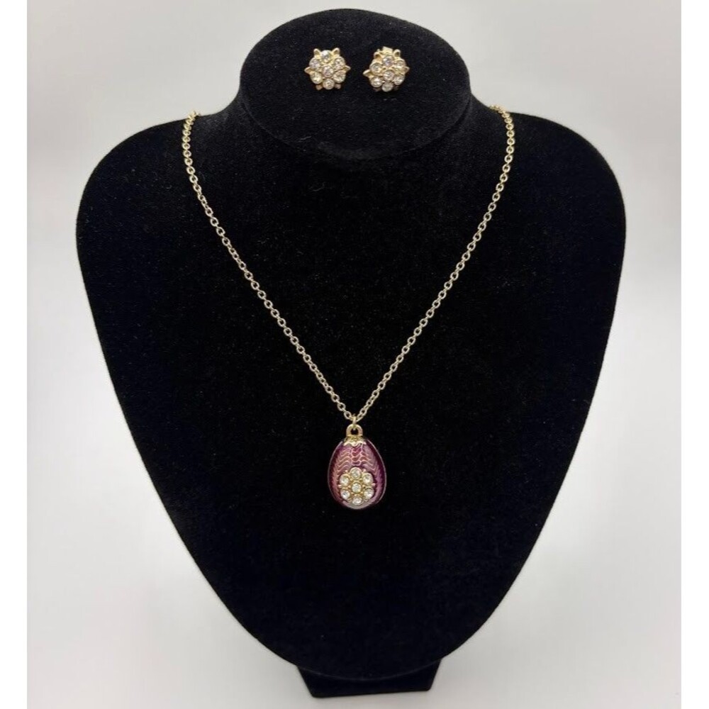 Vintage Avon Purple Enamel Fabergé Style Egg Pendant Necklace & Matching Earring
